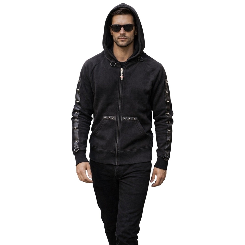 Living Dead Souls Black Zip Up Hoodie Skull Charm Studded Leather Straps